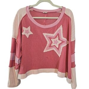 POL Pink Multi-Star Patchwork‎ Long Sleeve Sweatshirt Womens Size M FKT1079